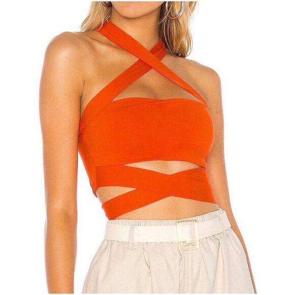 Rumored Tops - Revolve Superdown Elva Halter Tie Top Orange Cut Out Cropped Size Small